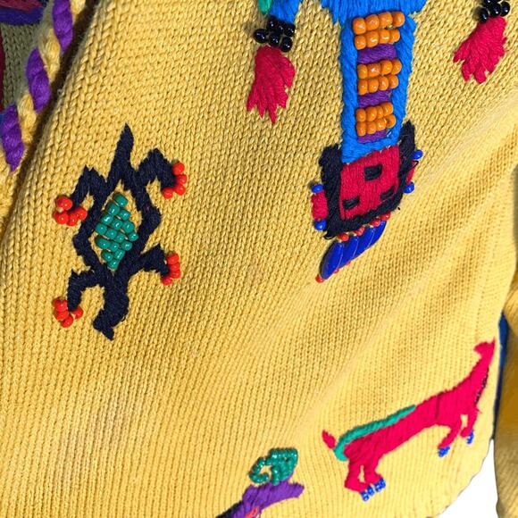 Vintage 90s Michael Simon Henri Bendel Yellow Beaded Abstract Cardigan Large - Picture 6 of 15